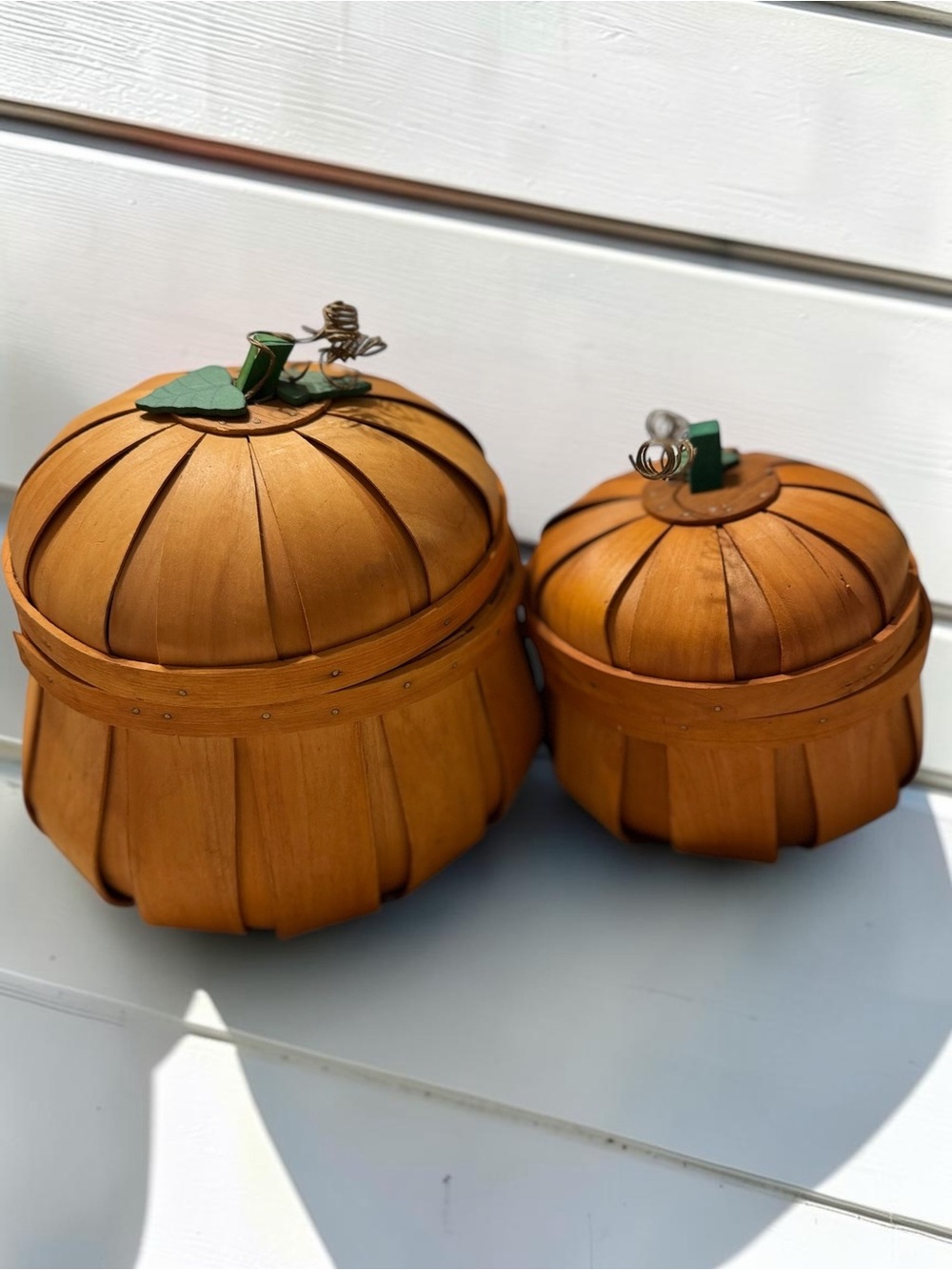 Vintage Woven Pumpkin Baskets with Lids Set of 2 Fall Decor